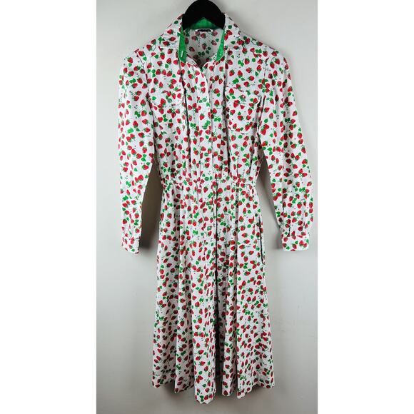 Vintage Dresses & Skirts - Vintage 70s Lanz Original Strawberries Print Dress Midi Button Up Long Sleeve